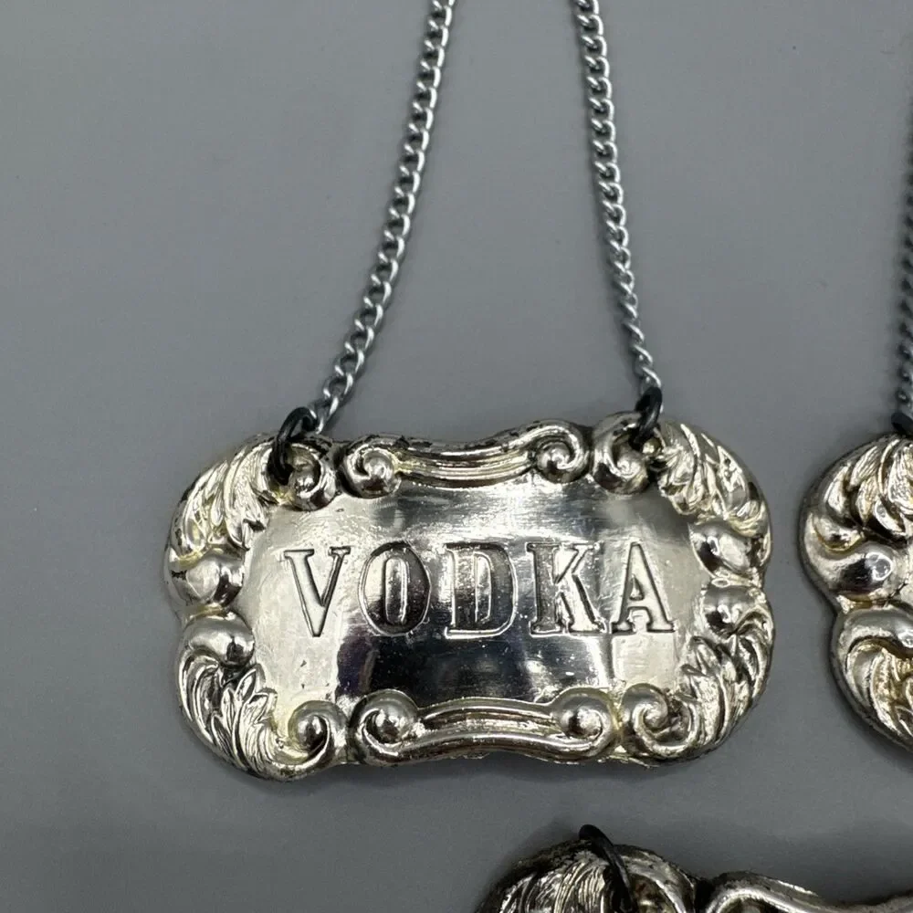 Vintage MC Delli Inc Silver Plate Decanter Liquor Tags Labels Set of 5 Japan